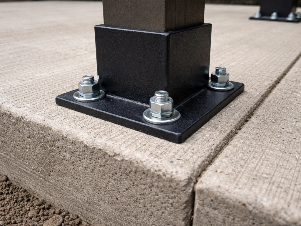 Close-up of a surface-mount pergola post base anchored into a poured concrete patio with anchor bolts.