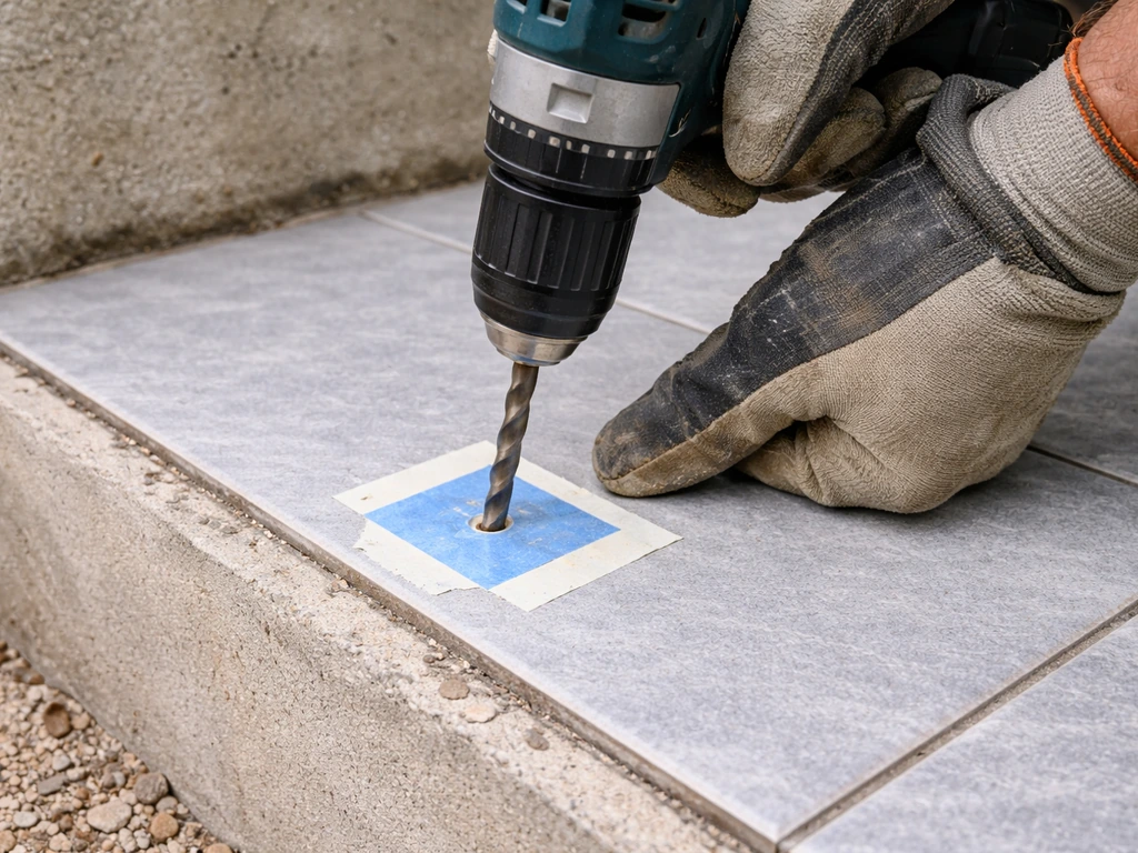 Gloved hands drilling through tile over concrete, with tape protecting the tile around the drill point.