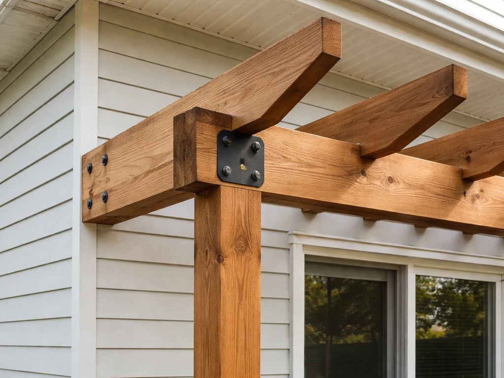 Close-up of a ledger-mounted pergola ledger bolted to house siding with posts supporting patio beams.