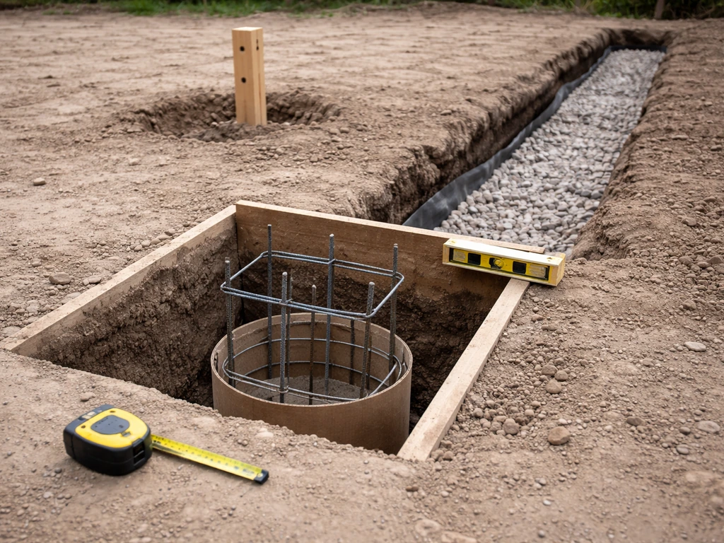 Minimal patio footing excavation with gravel drainage trench, rebar footing form, and level nearby.