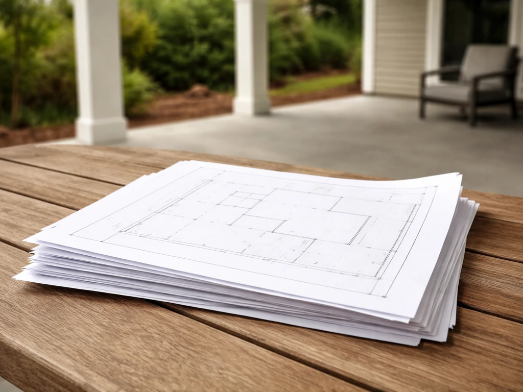 Open building documents with a site-plan-style page beside a covered patio with posts and outdoor seating.