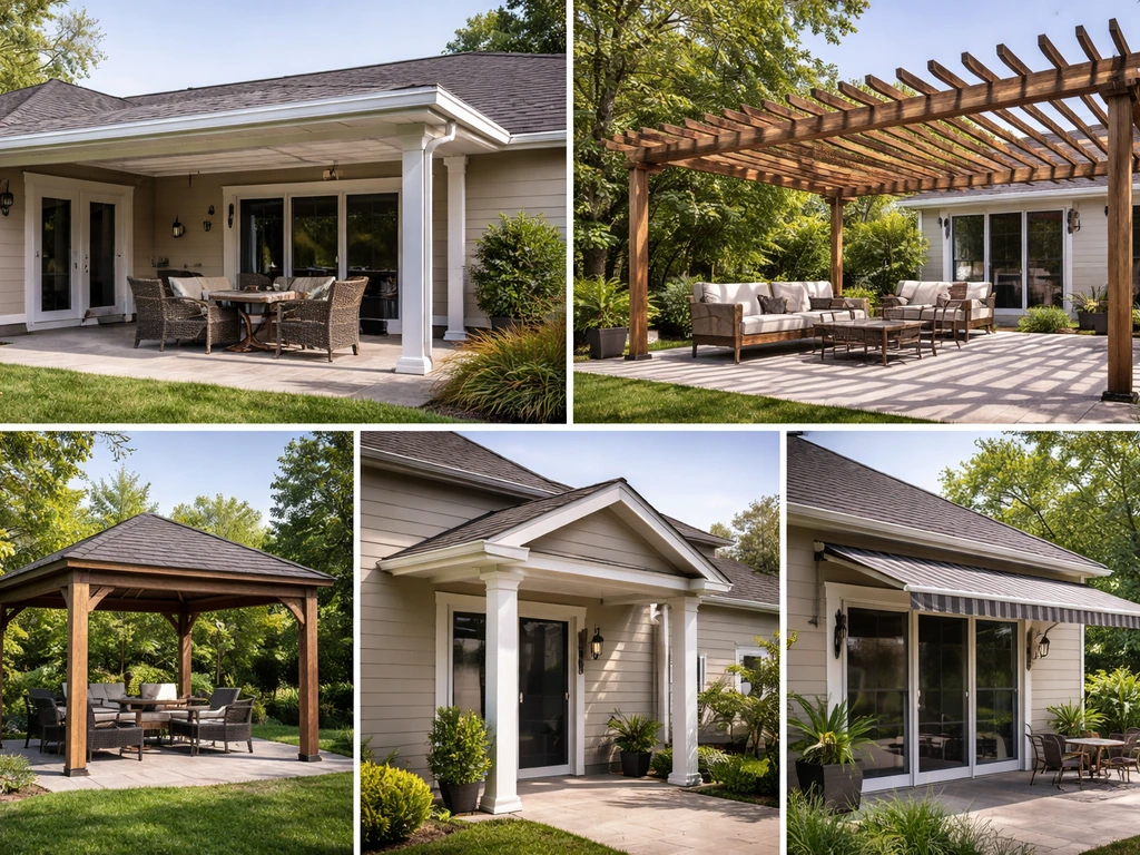 Minimal backyard scene with five distinct outdoor structures: patio cover, pergola, gazebo, porch, and awning.