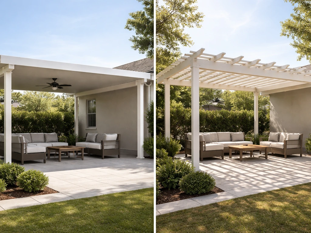 Split view of a solid covered patio and an open lattice pergola in different weather-like lighting