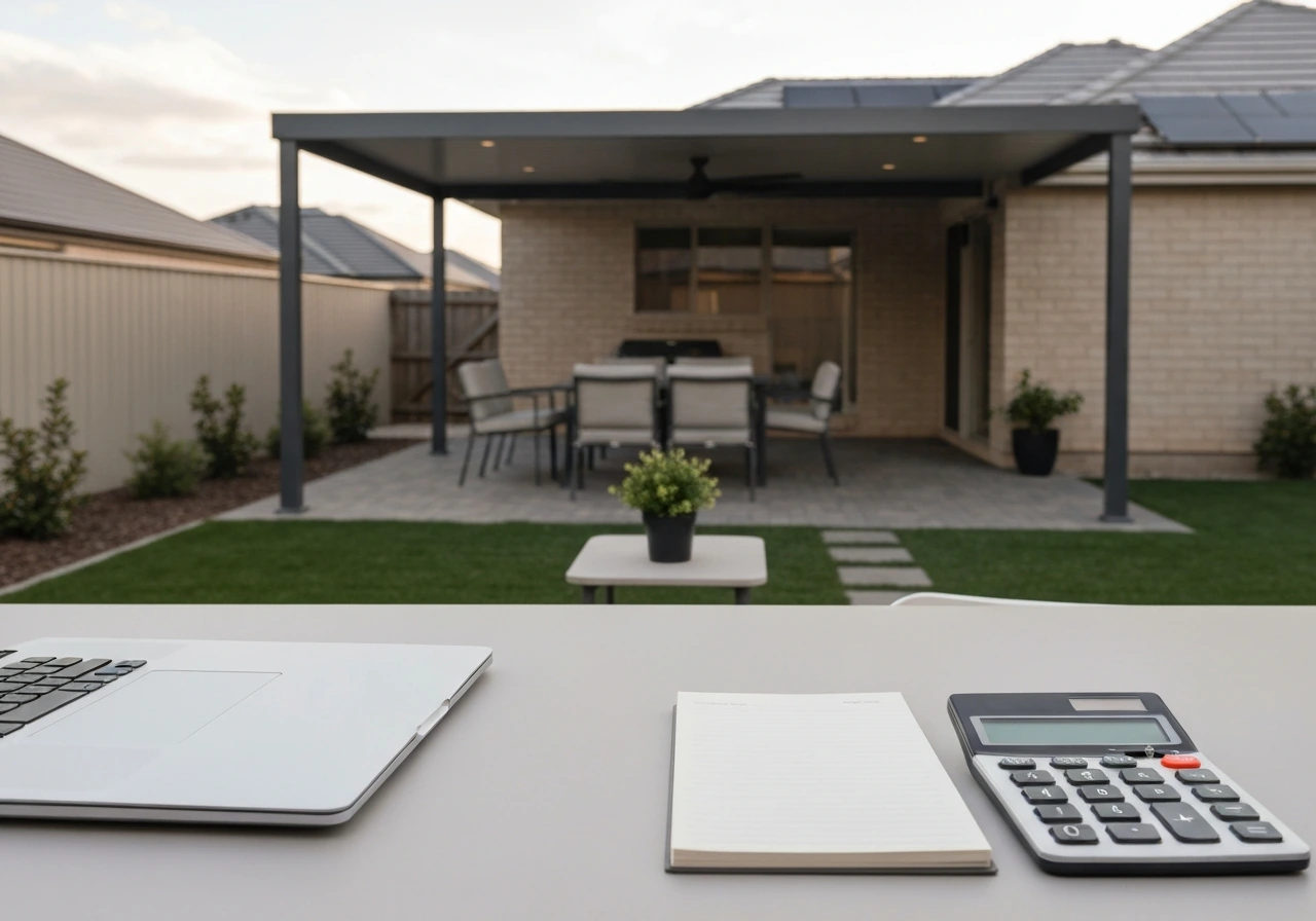 Covered patio in a suburban backyard with calculator and blank notepad on a nearby table.