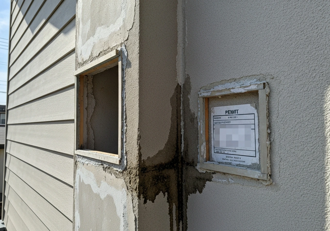 Close-up of unfinished exterior wall with patchy framing and damp staining suggesting a value problem
