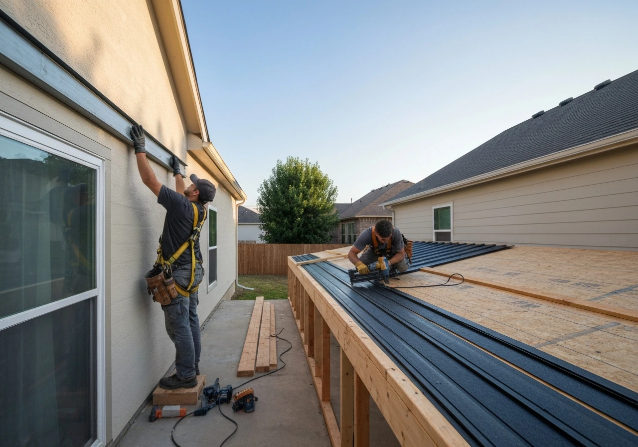 Contractor fastening a covered patio ledger and roofing panels on a home exterior.
