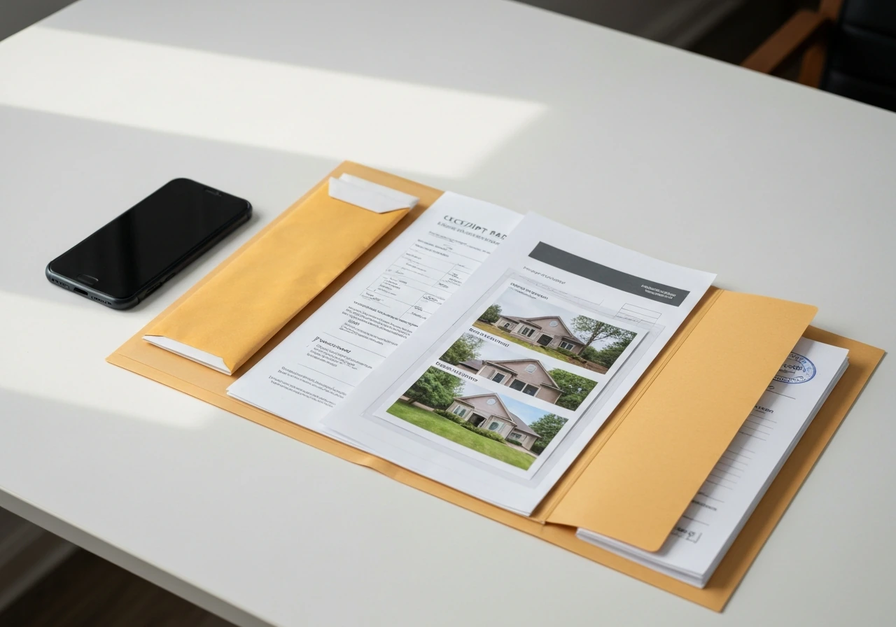 Open folder with receipts, permits, and a stamped closeout sheet on a desk beside a smartphone camera