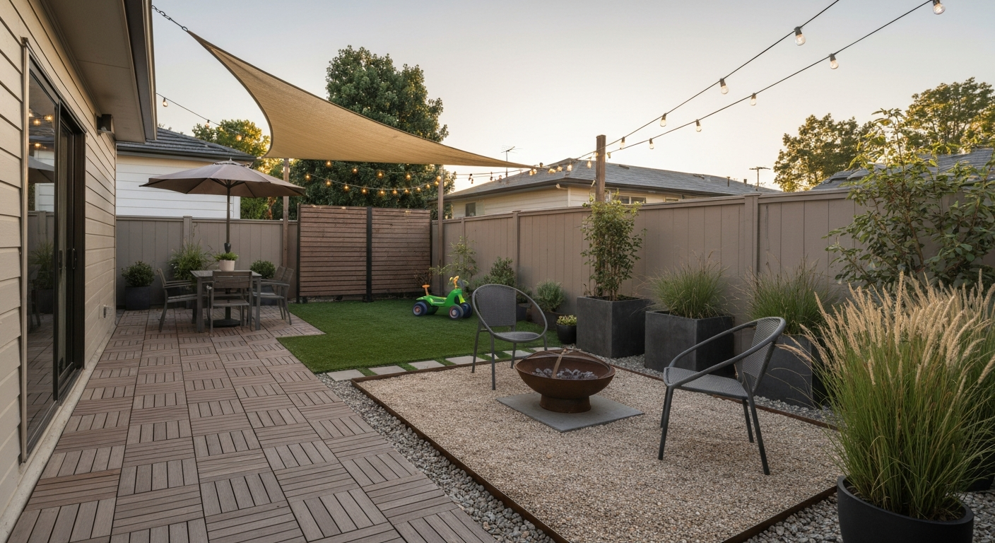 Inviting small backyard at golden hour showing gravel seating, deck tiles dining area, artificial turf, privacy plants, shade sail and string lights