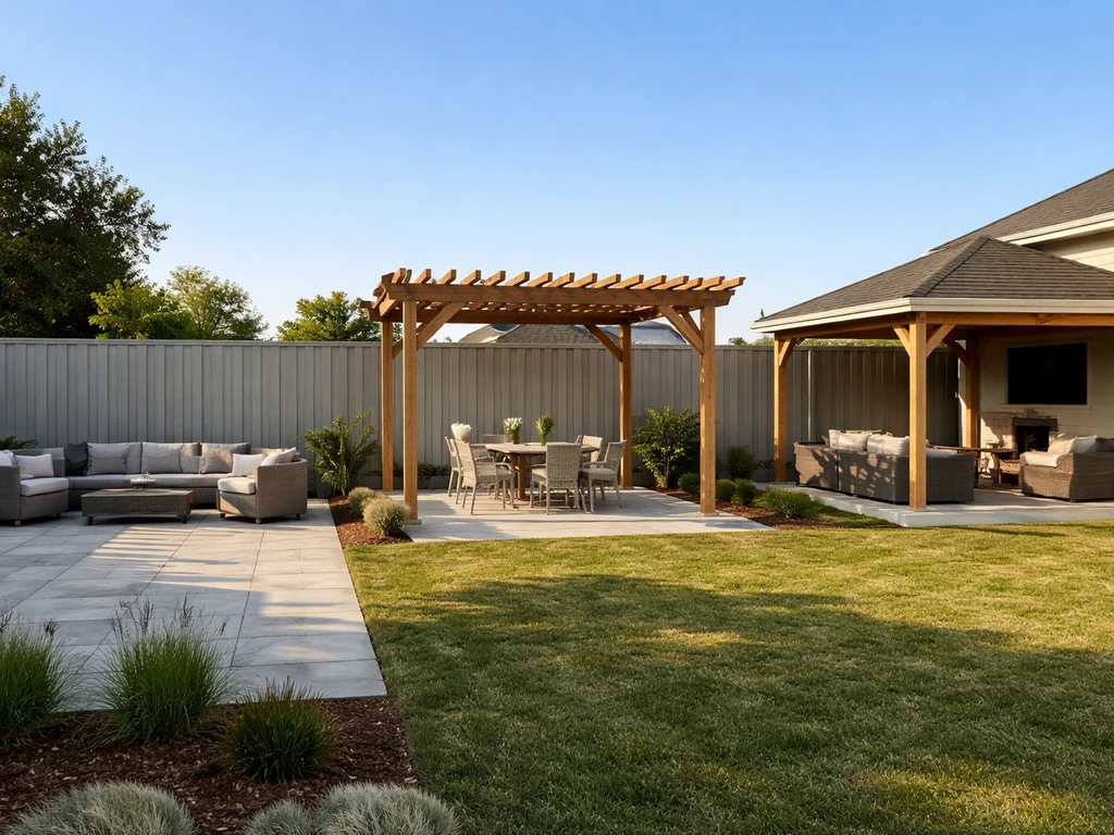 Three outdoor options side-by-side: open patio, lattice pergola shade, and a fully roofed gazebo.