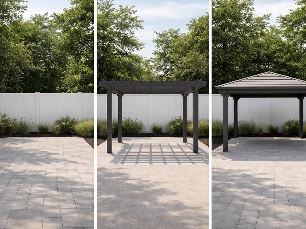 Three simple outdoor structures side-by-side: patio pavers, pergola rafters, and a gazebo roof.