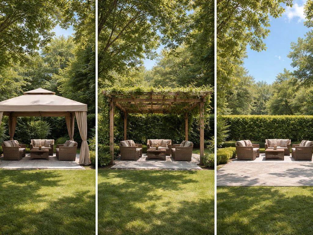 Three minimal outdoor living setups side by side: gazebo with solid shade, pergola with partial shade, and a patio open
