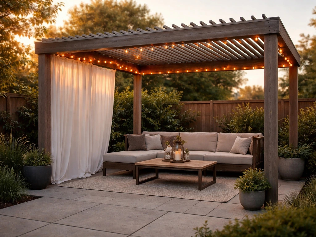 Backyard pergola with motorized louvered roof, warm string lights, and privacy curtains.