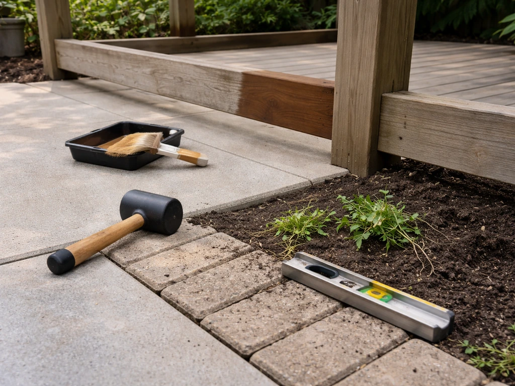 Outdoor patio with sealed concrete, re-leveled pavers, weed removal, and a wood pergola with fresh stain.