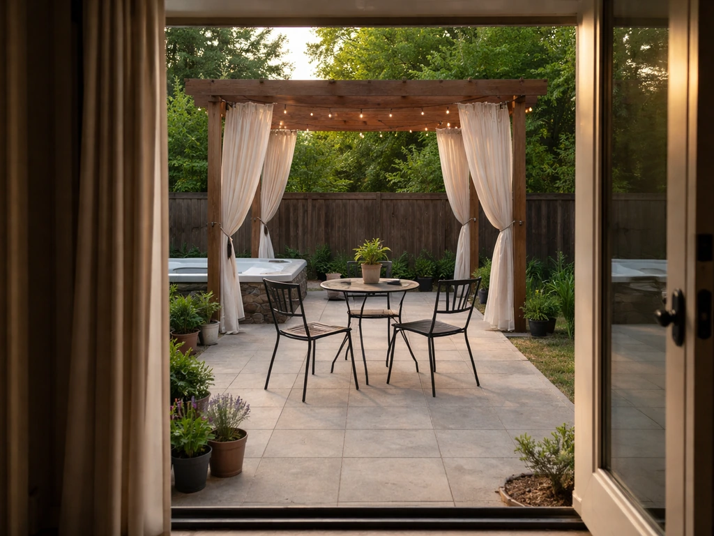 Backyard patio dining under a pergola with privacy curtains, viewed from the back door toward a hot tub