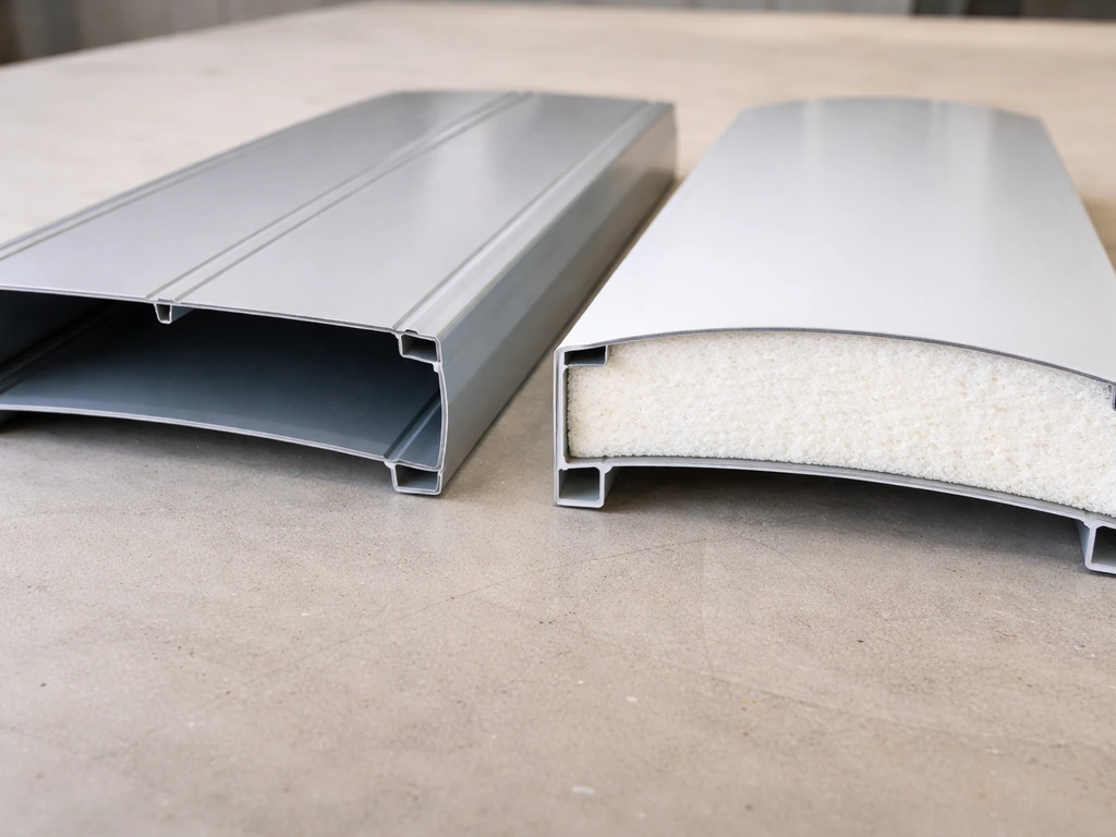 Side-by-side photo-real cross-section of single-layer vs insulated aluminum patio cover materials.