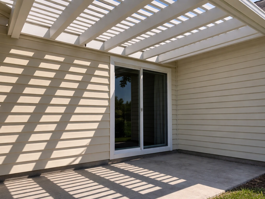 Patio cover casting shade on exterior wall and window area near a roof, showing reduced solar heat gain.
