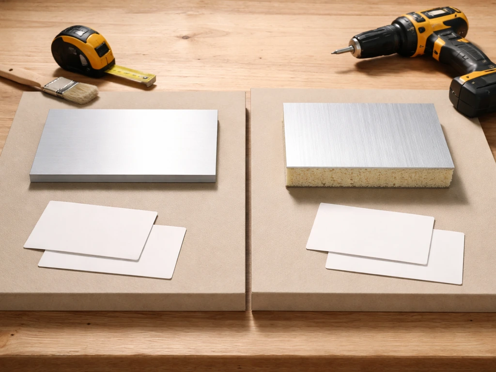 Top-down view of two aluminum patio cover material samples on a workbench with tools nearby.