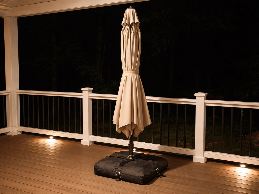 Closed patio umbrella at night on a covered deck, secured with weights/strap against wind.