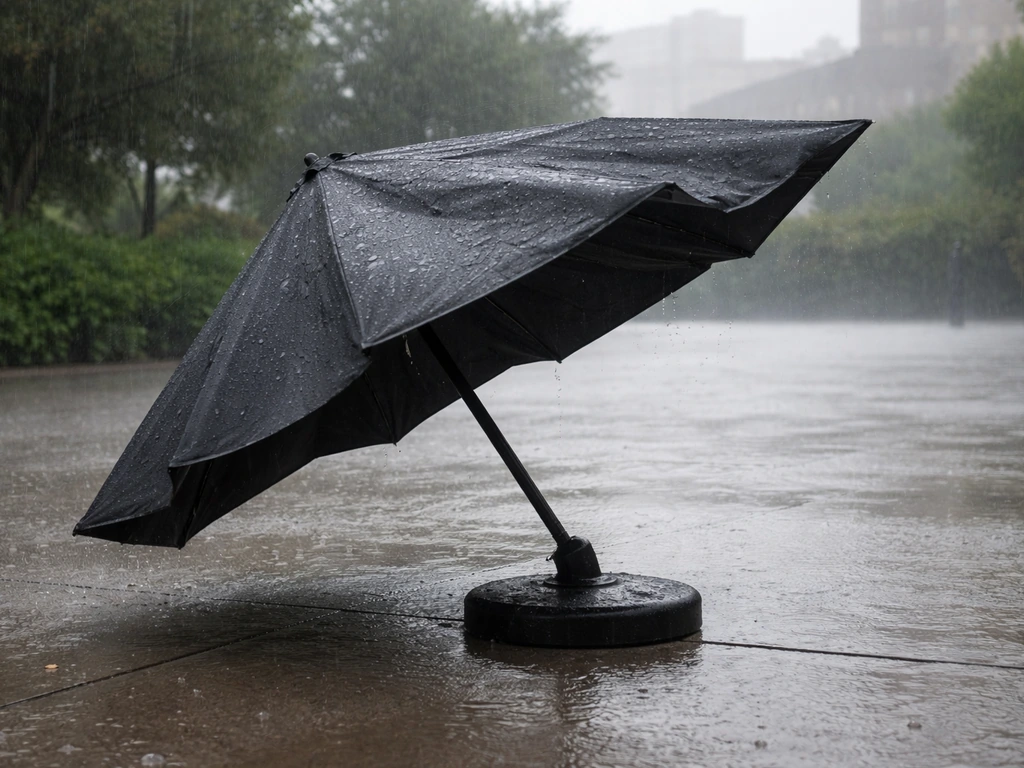 Open umbrella in windy conditions, canopy catching gust as it tips slightly off balance
