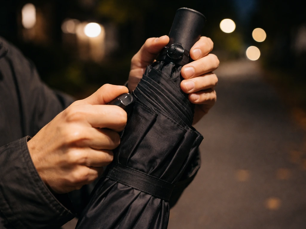 Person closing a compact umbrella canopy at night, using the crank and locking it in place.