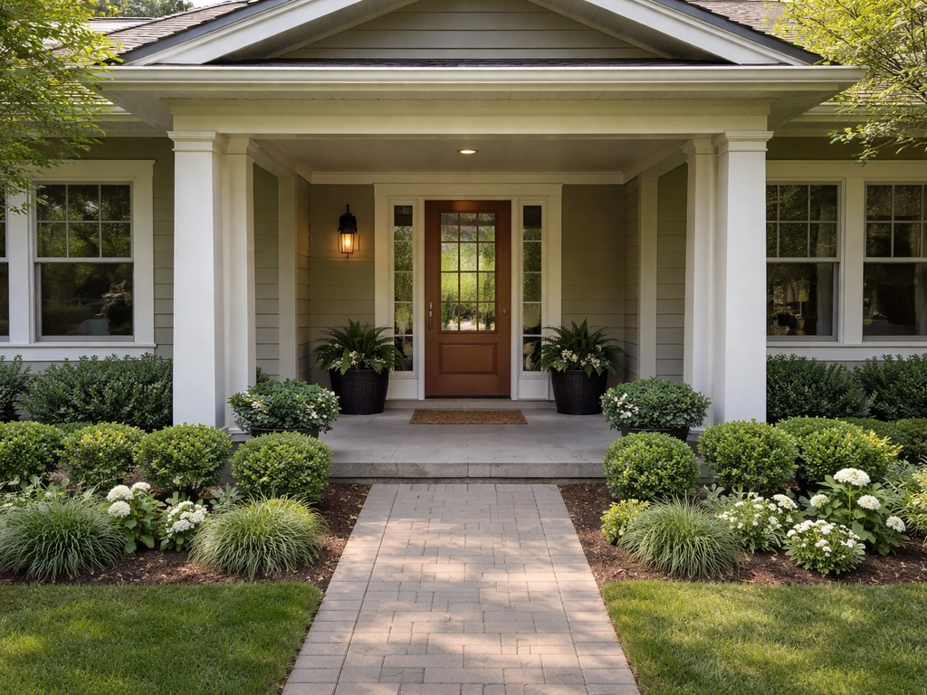 Front porch with shaded entry and walkway framing the front door in a tidy front yard.