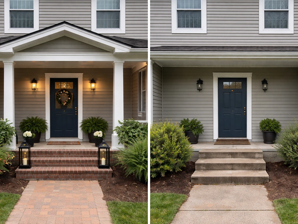Before/after split view of a home façade showing a covered porch improving curb appeal versus a simpler patio.