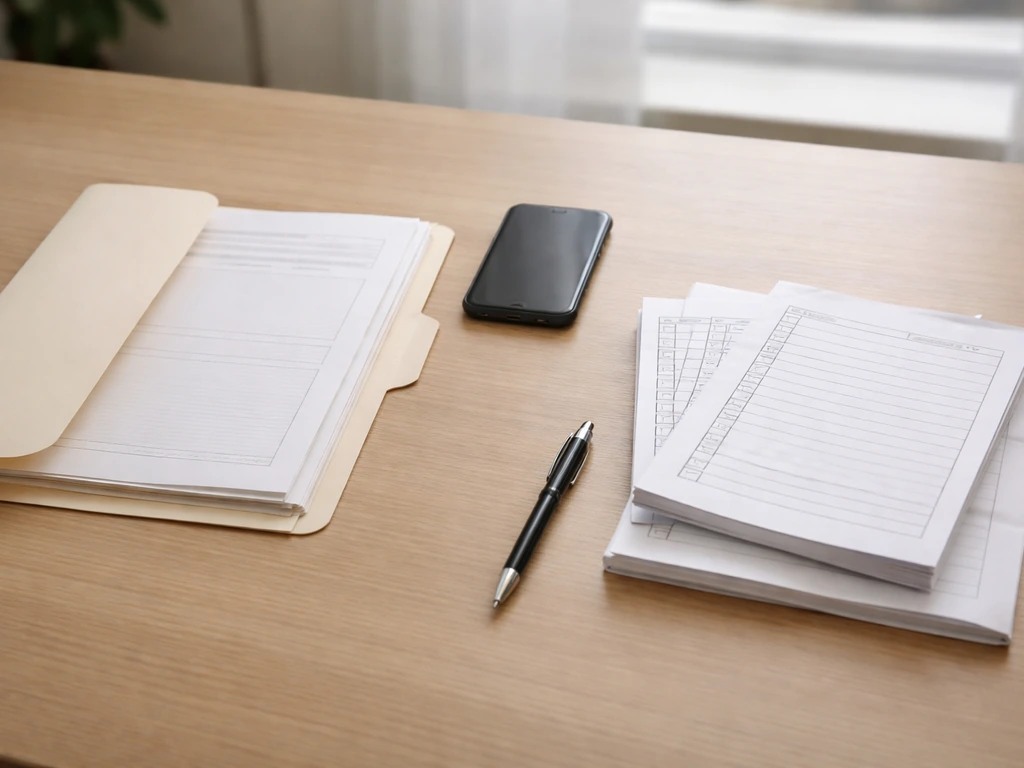 Close-up of a permit documents folder and blank checklist papers on an office desk by a window.