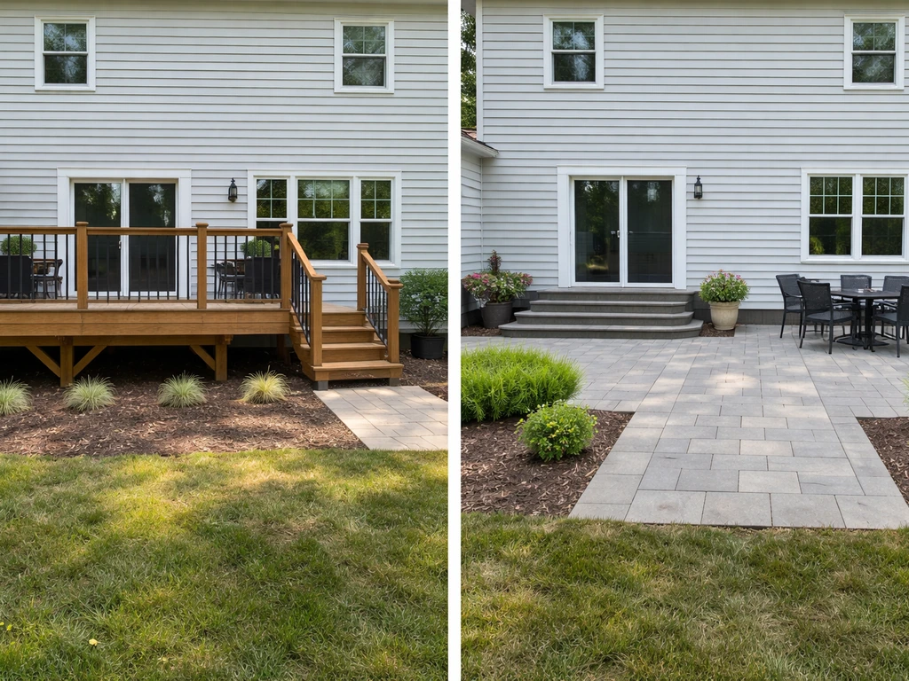Adjacent raised wooden deck and ground-level patio with paving beside the home.