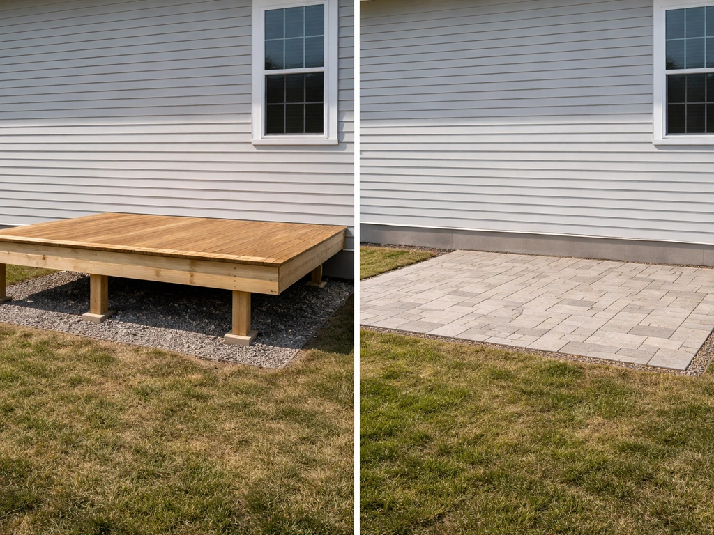 Side-by-side view of a raised framed deck and a ground-level patio slab beside a house