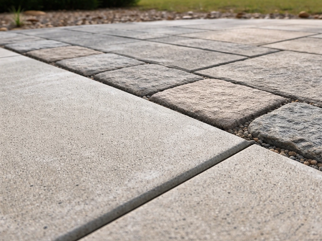Close-up of a patio surface with poured concrete, pavers, and natural stone edging, minimal background.