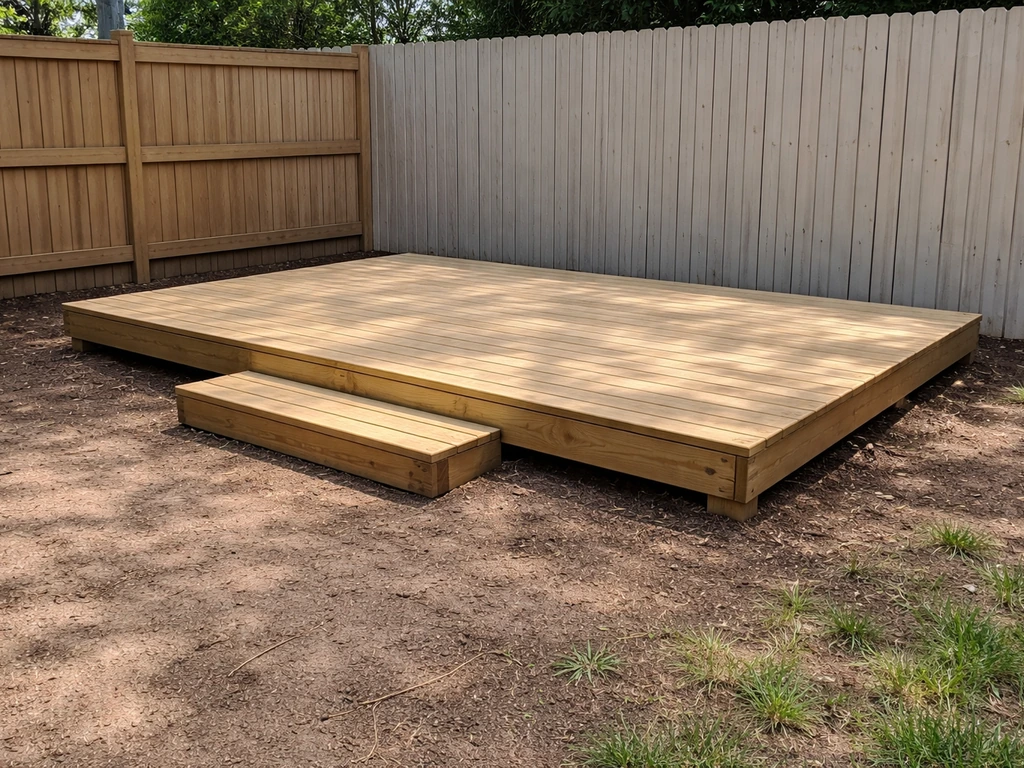 Low wooden deck sits just inches above the ground in a quiet backyard, resembling a patio