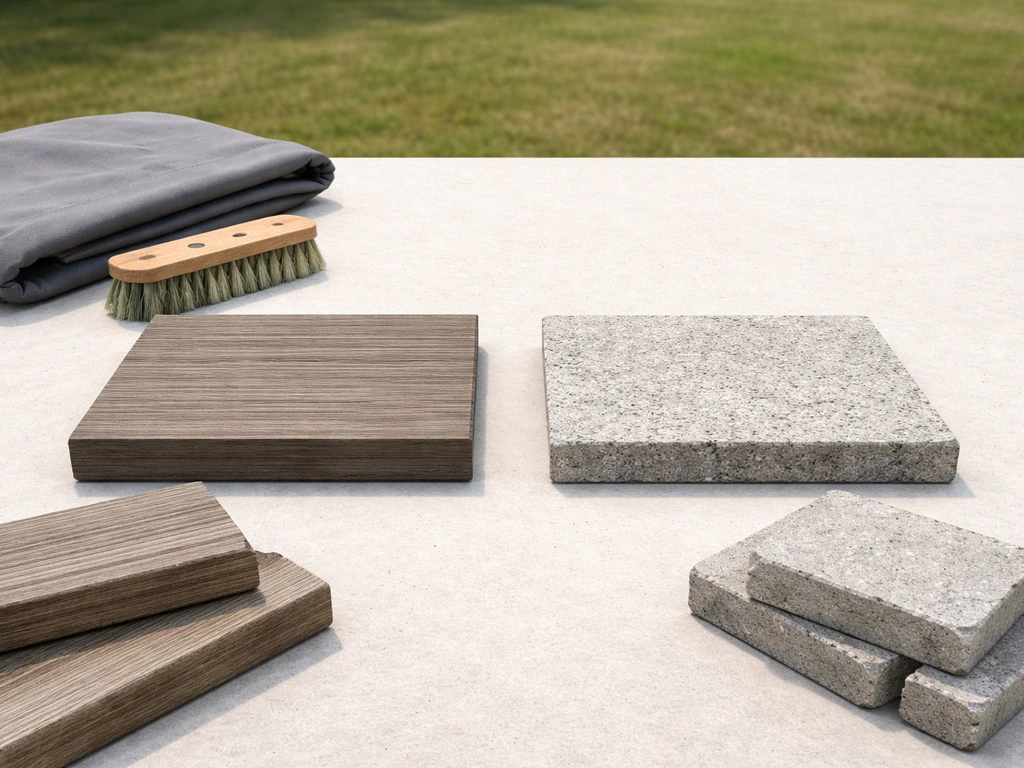 Minimal photo showing left deck material sample and right patio paver sample on a workbench.