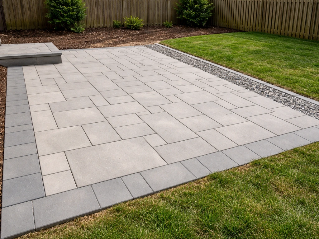 Finished concrete paver DIY patio with neat edging and a visible drainage slope and gravel channel.
