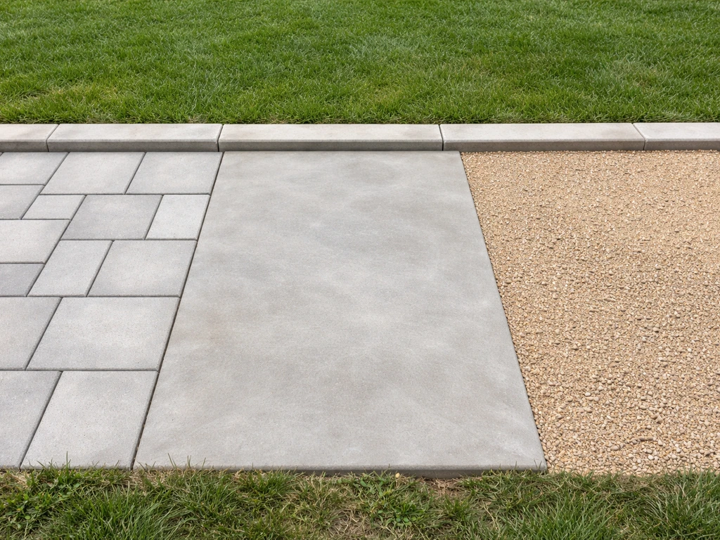 Three patio surface samples side-by-side: pavers, poured concrete slab, and gravel/decomposed granite.