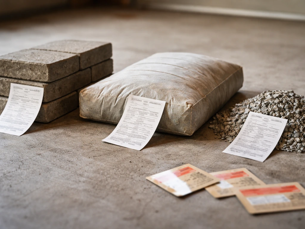 Close-up of pavers, concrete mix bag, and base gravel with blurred receipts and price tags.