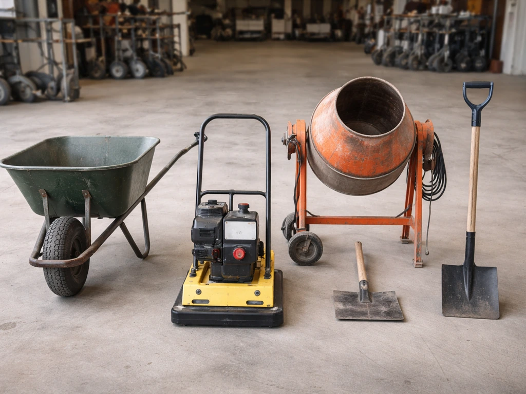 Plate compactor and patio tools laid out for rent or purchase in a tool rental yard.