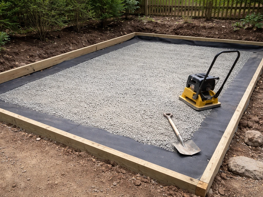 Excavated patio base with geotextile fabric laid out, compacted gravel layers, and edge forms/boards.