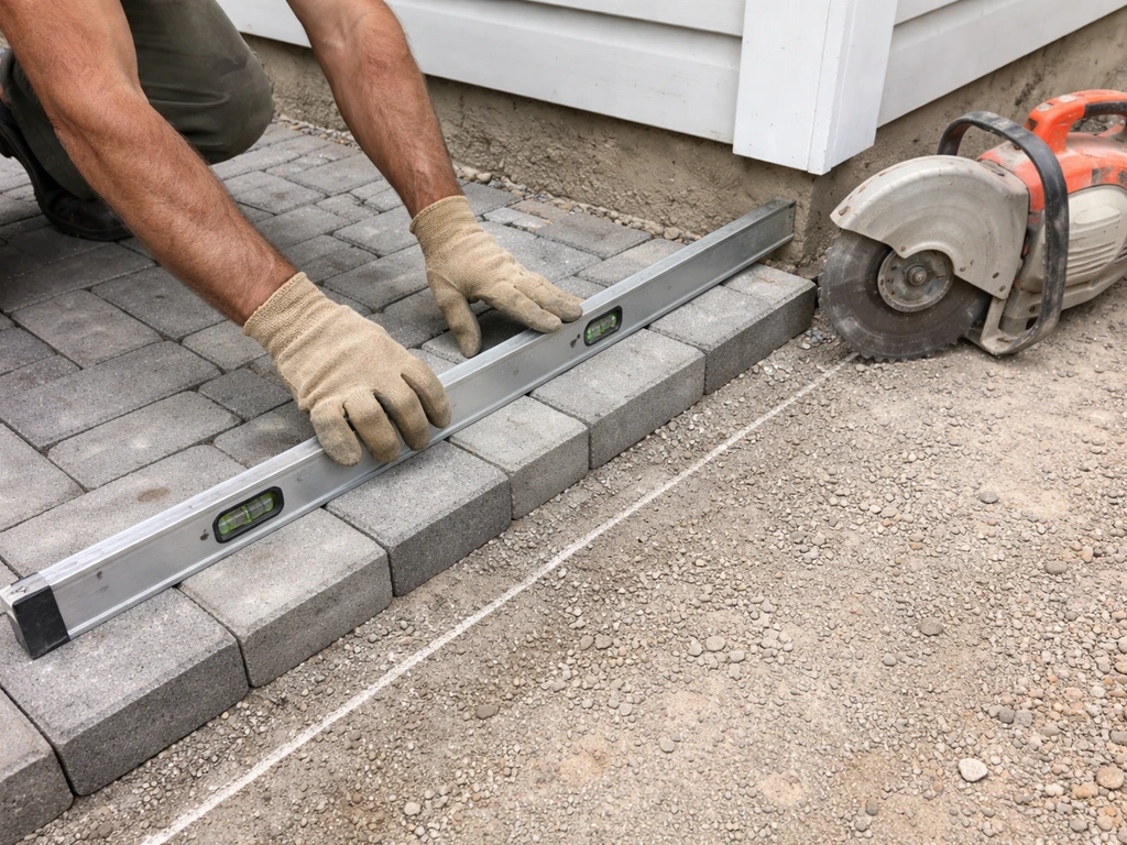 Worker aligns and places pavers near a house corner using a level, with cutting tools nearby.