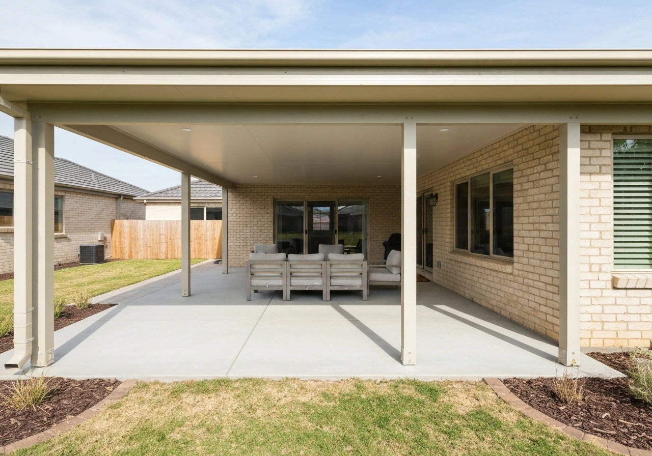 Finished covered patio attached to a home, showing posts, roofline, and ceiling details.