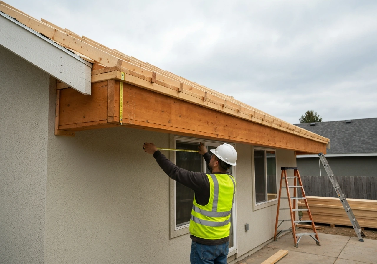 Anonymous general contractor supervising an attached patio cover installation with ledger and roofline alignment.