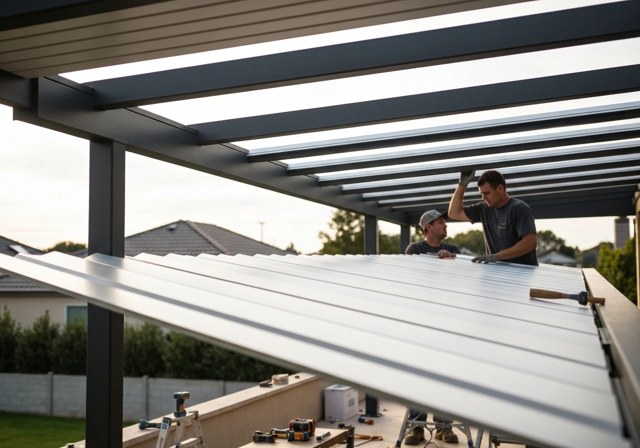 Anonymous workers bolting aluminum louvered panels onto a patio cover frame outdoors.