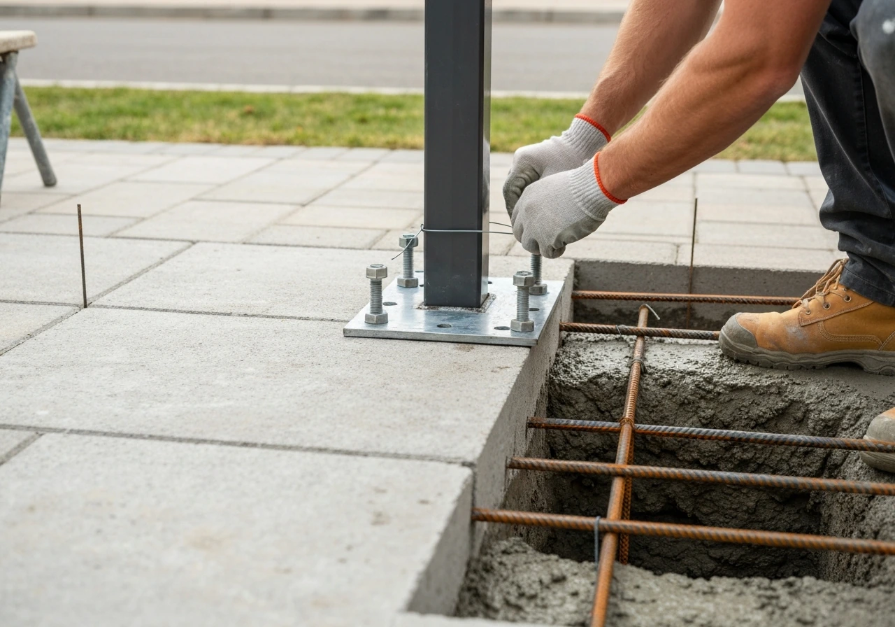 Hands setting patio-cover post hardware on fresh concrete footings with rebar and formwork.