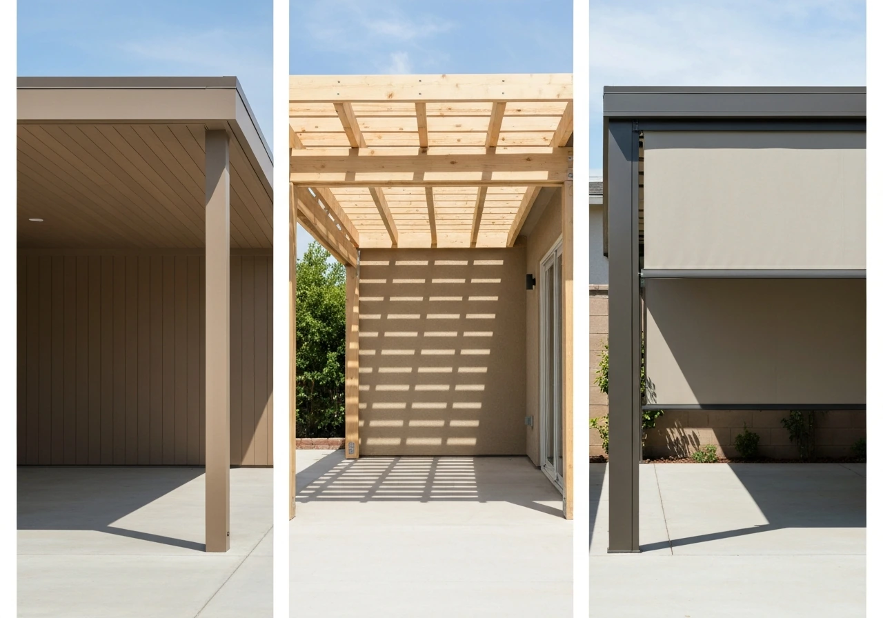Three adjacent covered patio styles shown as separate sections: solid roof, pergola, and retractable awning.