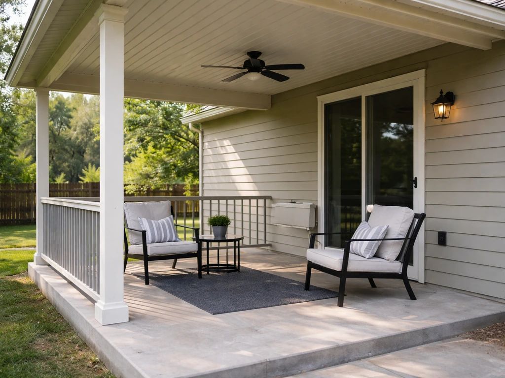 Roofed backyard patio attached to a home, showing the covered outdoor living area clearly.