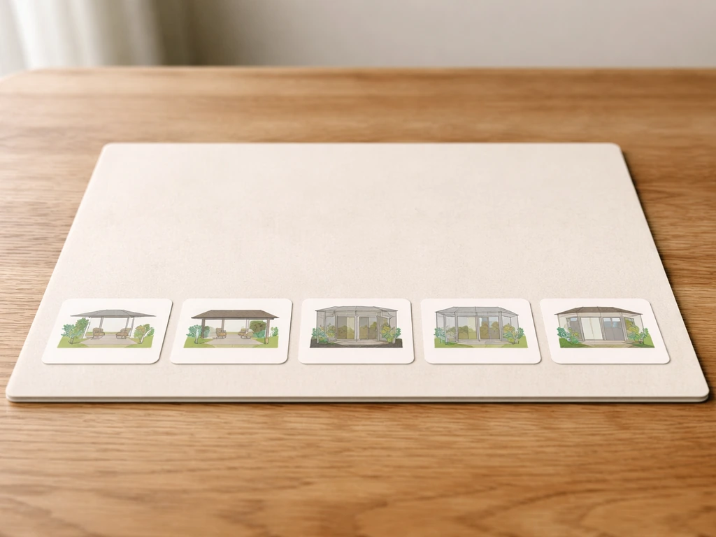 Minimal photo of five patio-type labels on a plain board, showing open, screened, and glass-enclosed patios.