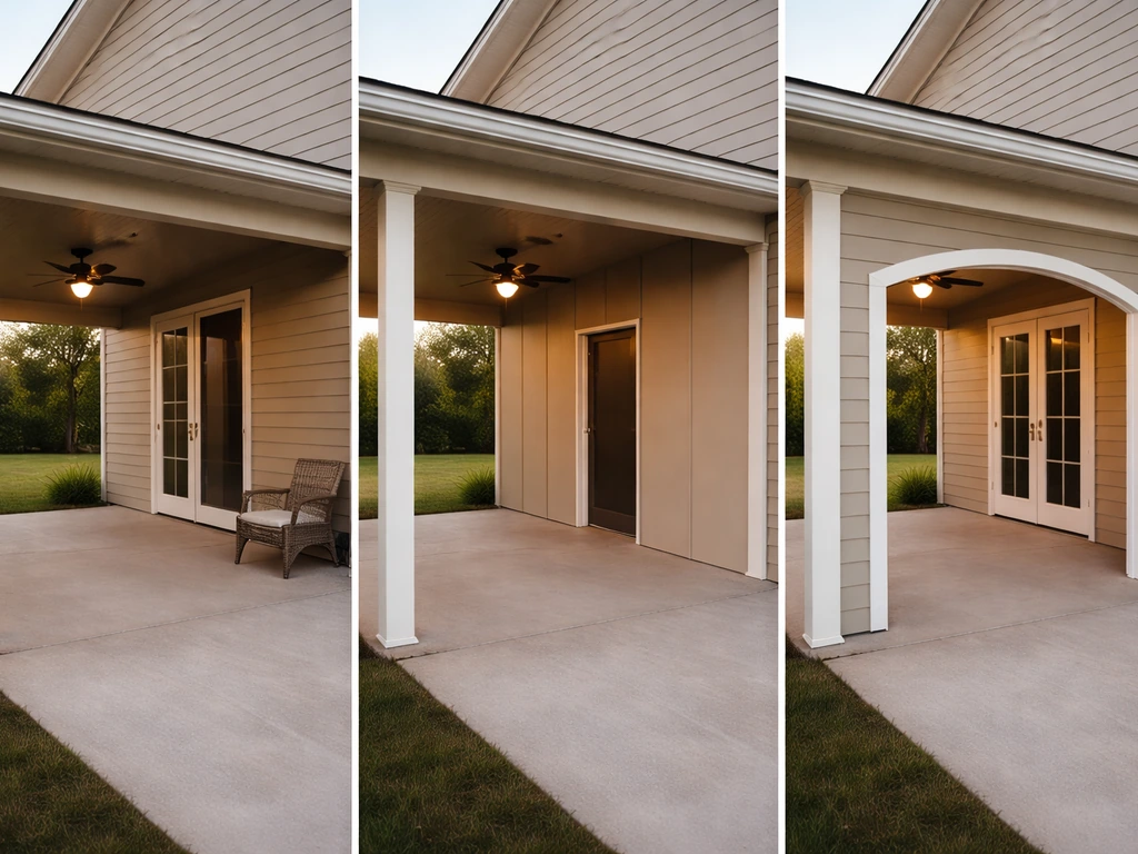 Covered patio with open sides partially enclosed using solid panels and door sections