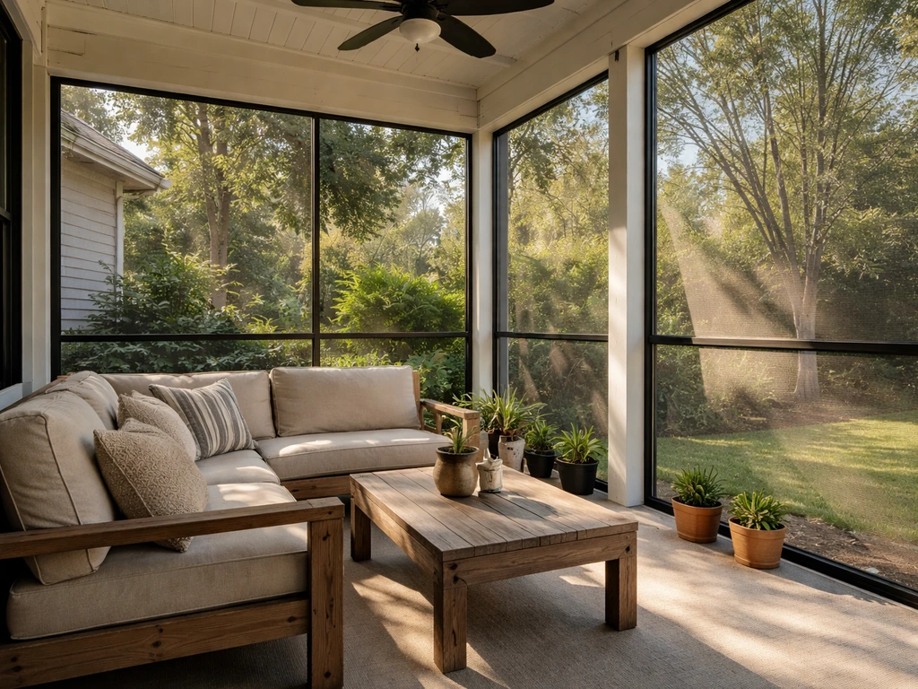 Roofed screened patio corner with outdoor seating and full-height screen panels, no people.