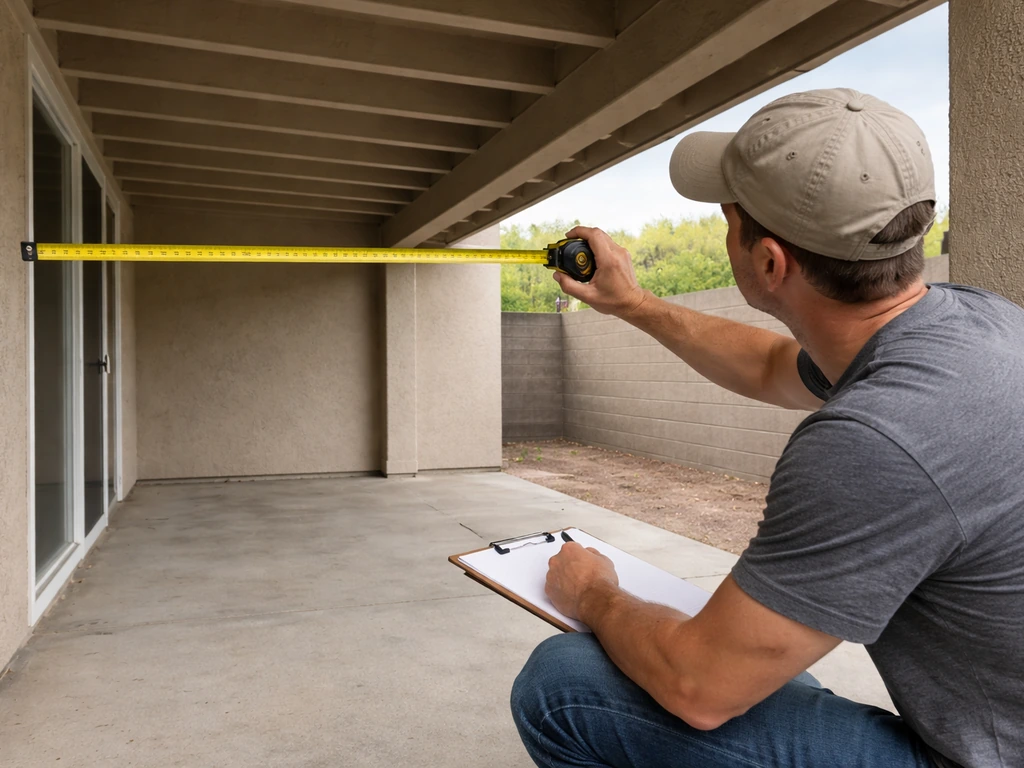 Homeowner measures the covered patio roof overhang with a tape measure and documents dimensions on a clipboard.