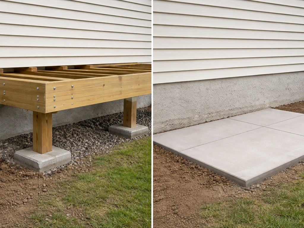 Split view showing a deck ledger bolted to house joists and a ground-level patio base.