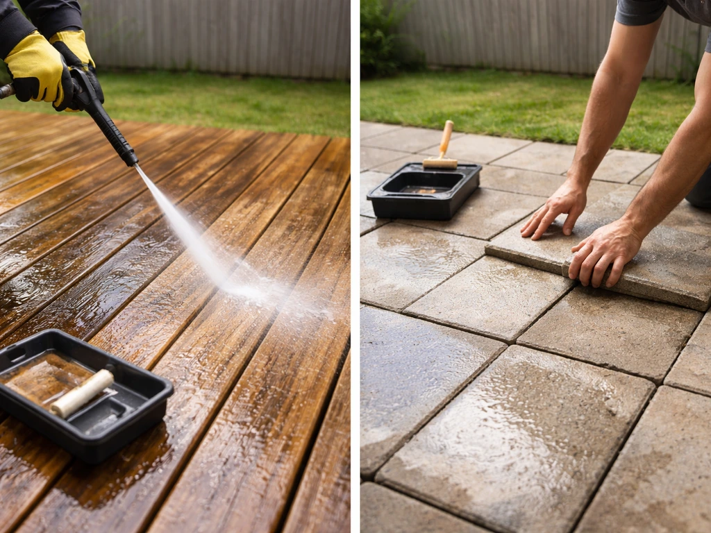 Minimal split-scene of a deck being cleaned and stained beside a patio with sealed concrete or reset pavers.
